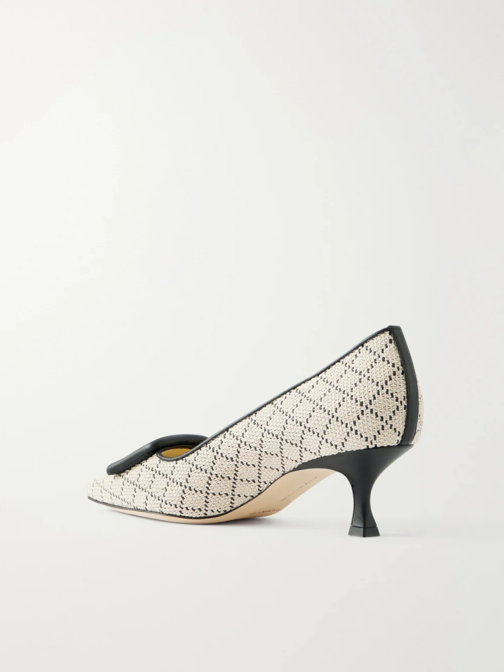 Back view of the Manolo Blahnik Maysale 50 Buckled Leather-trimmed Raffia Pumps