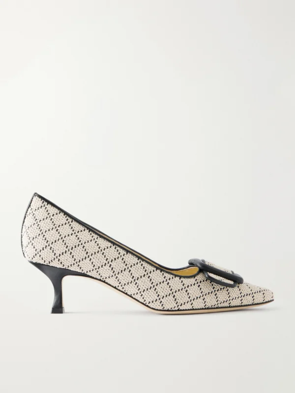 Manolo Blahnik Maysale 50 Buckled Leather-trimmed Raffia Pumps