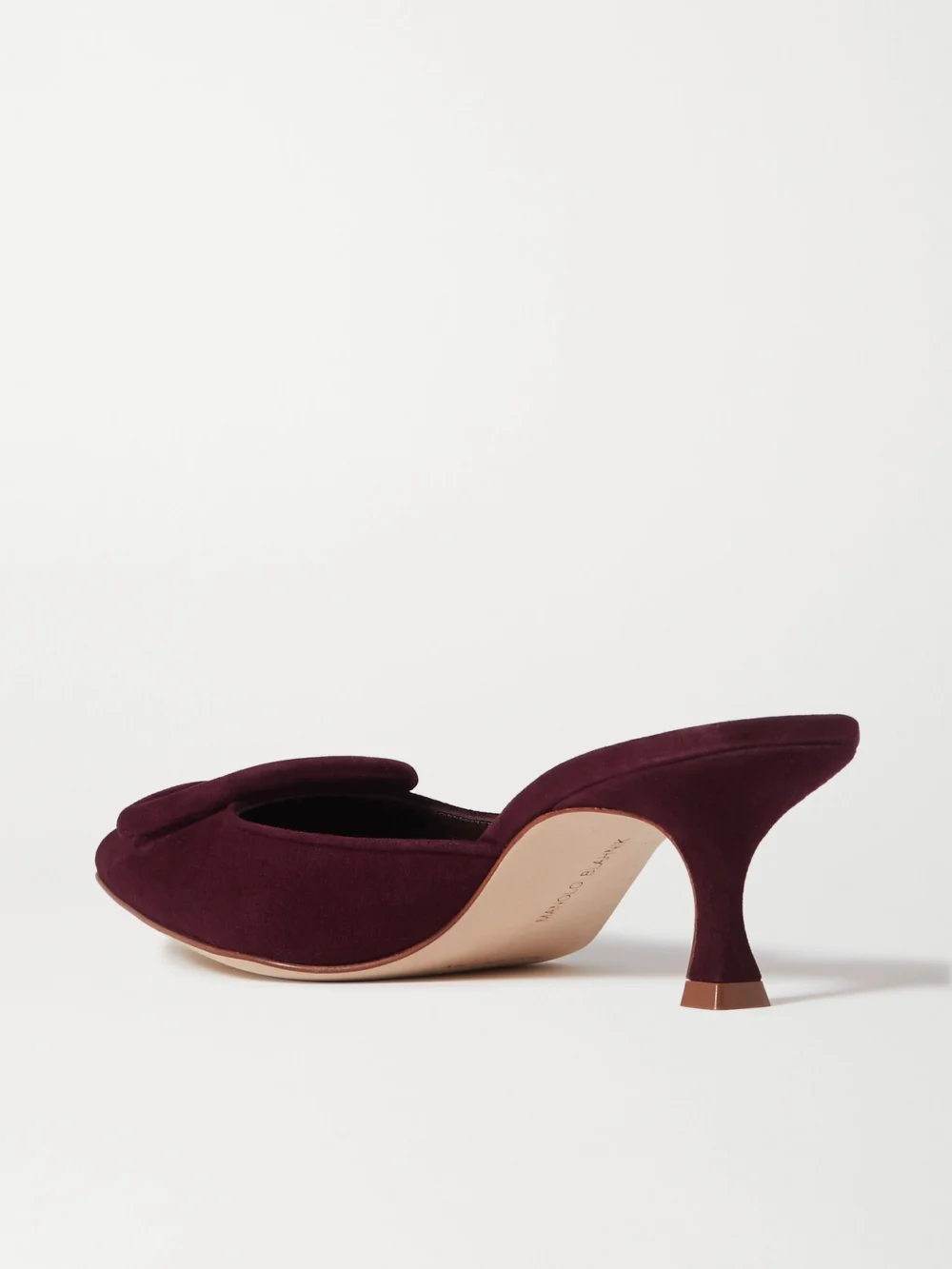 Back view of the Manolo Blahnik Maysale 50 Buckled Suede Mules