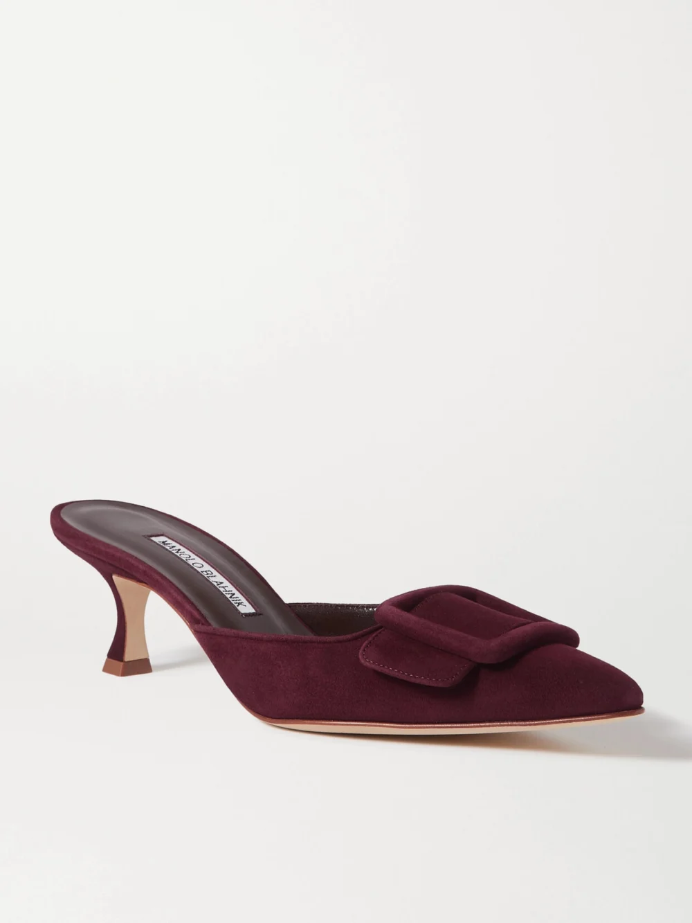 Manolo Blahnik Maysale 50 Buckled Suede Mules in burgundy