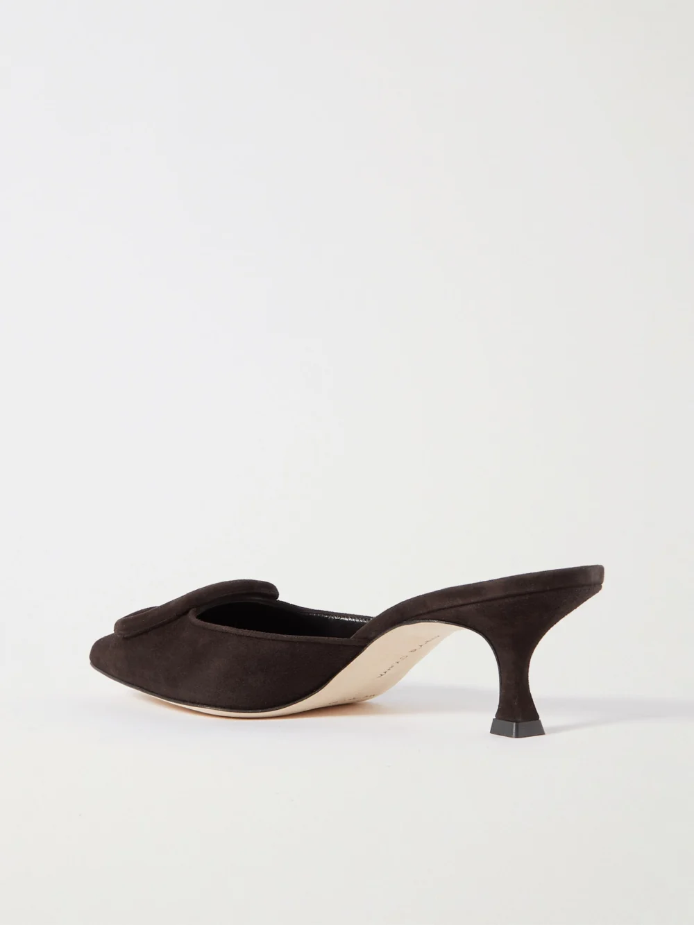 Back view of the Manolo Blahnik Maysale 50 Buckled Suede Mules