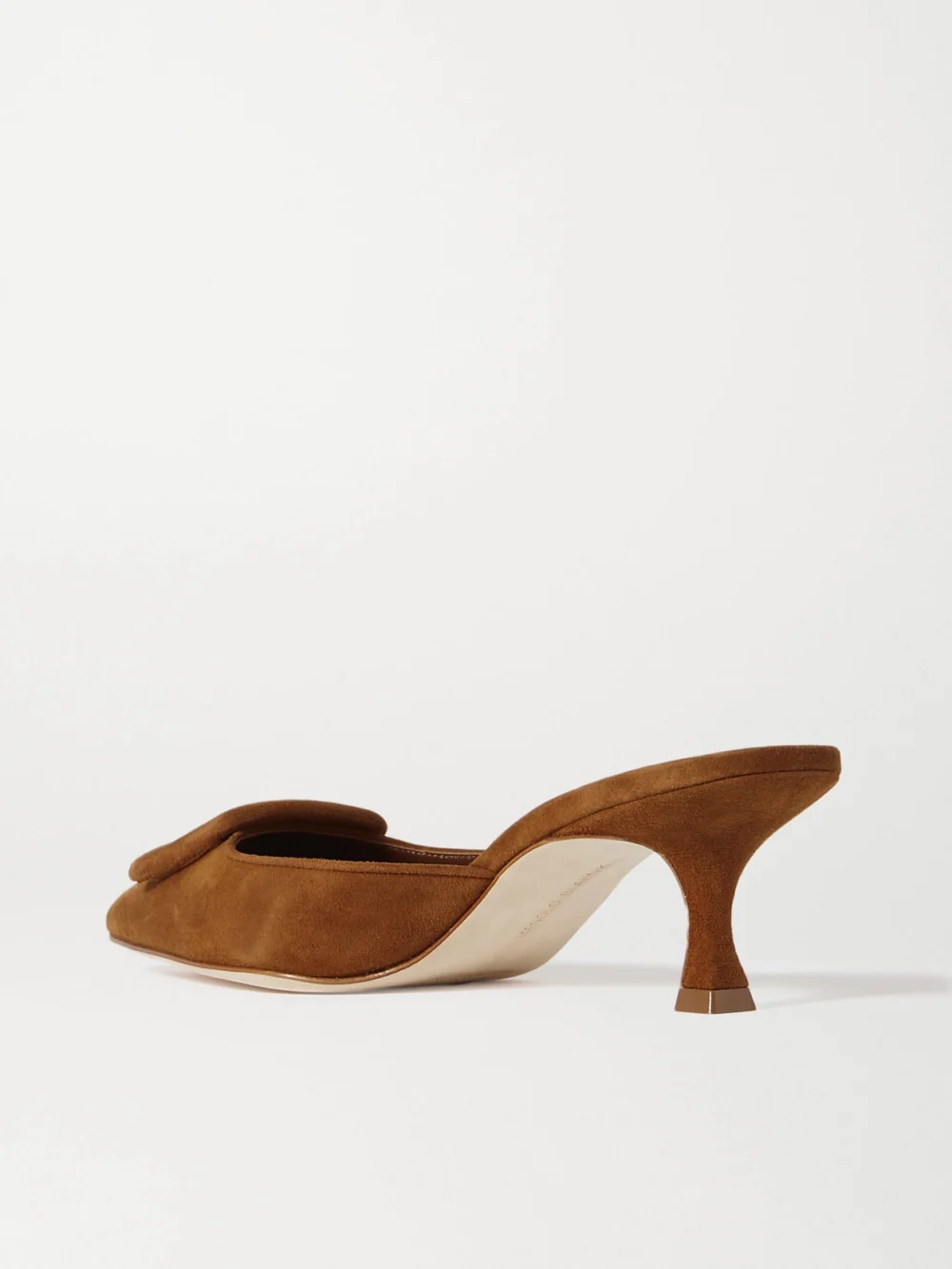 Back view of the Manolo Blahnik Maysale 50 Buckled Suede Mules