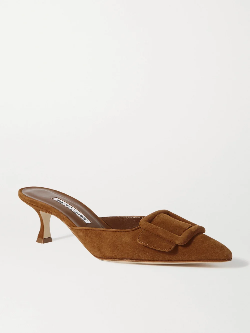 Manolo Blahnik Maysale 50 Buckled Suede Mules in tan