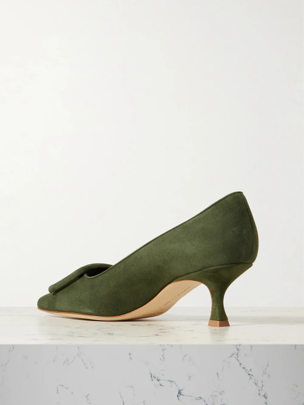 Back view of the Manolo Blahnik Maysale 50 Buckled Suede Pumps
