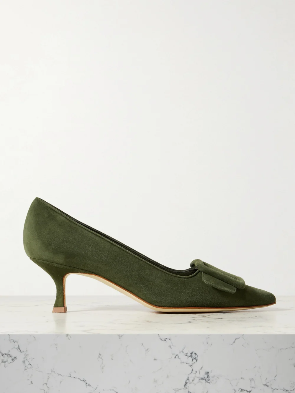 Manolo Blahnik Maysale 50 Buckled Suede Pumps in army green