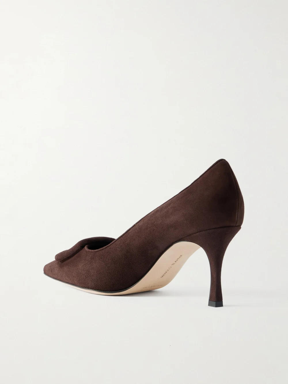 Back view of the Manolo Blahnik Maysale 70 Buckled Suede Pumps