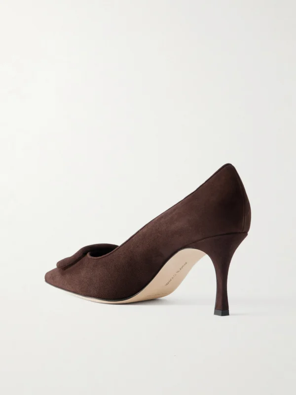 Back view of the Manolo Blahnik Maysale 70 Buckled Suede Pumps