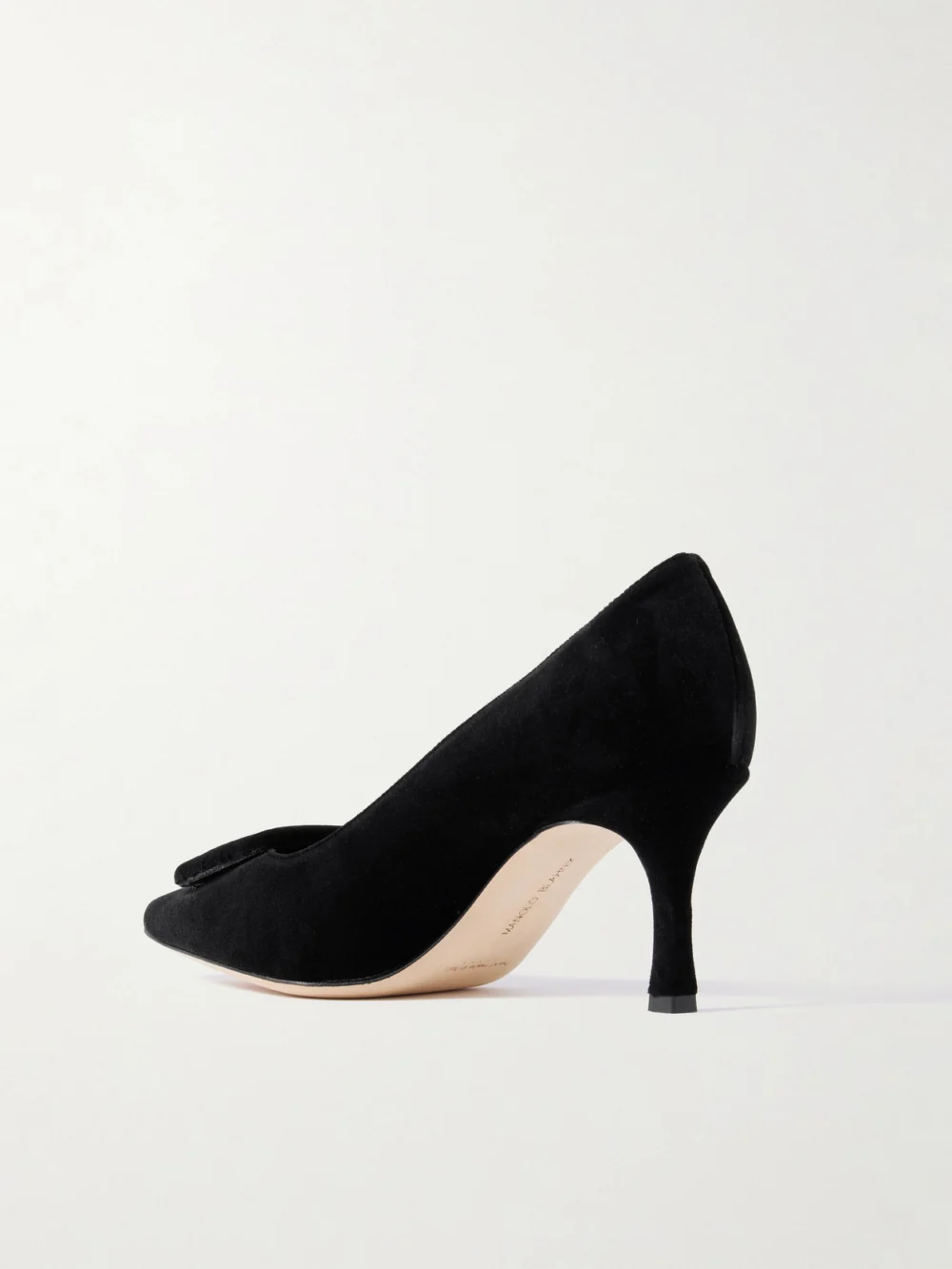 Back view of the Manolo Blahnik Maysale 70 Buckled Velvet Pumps