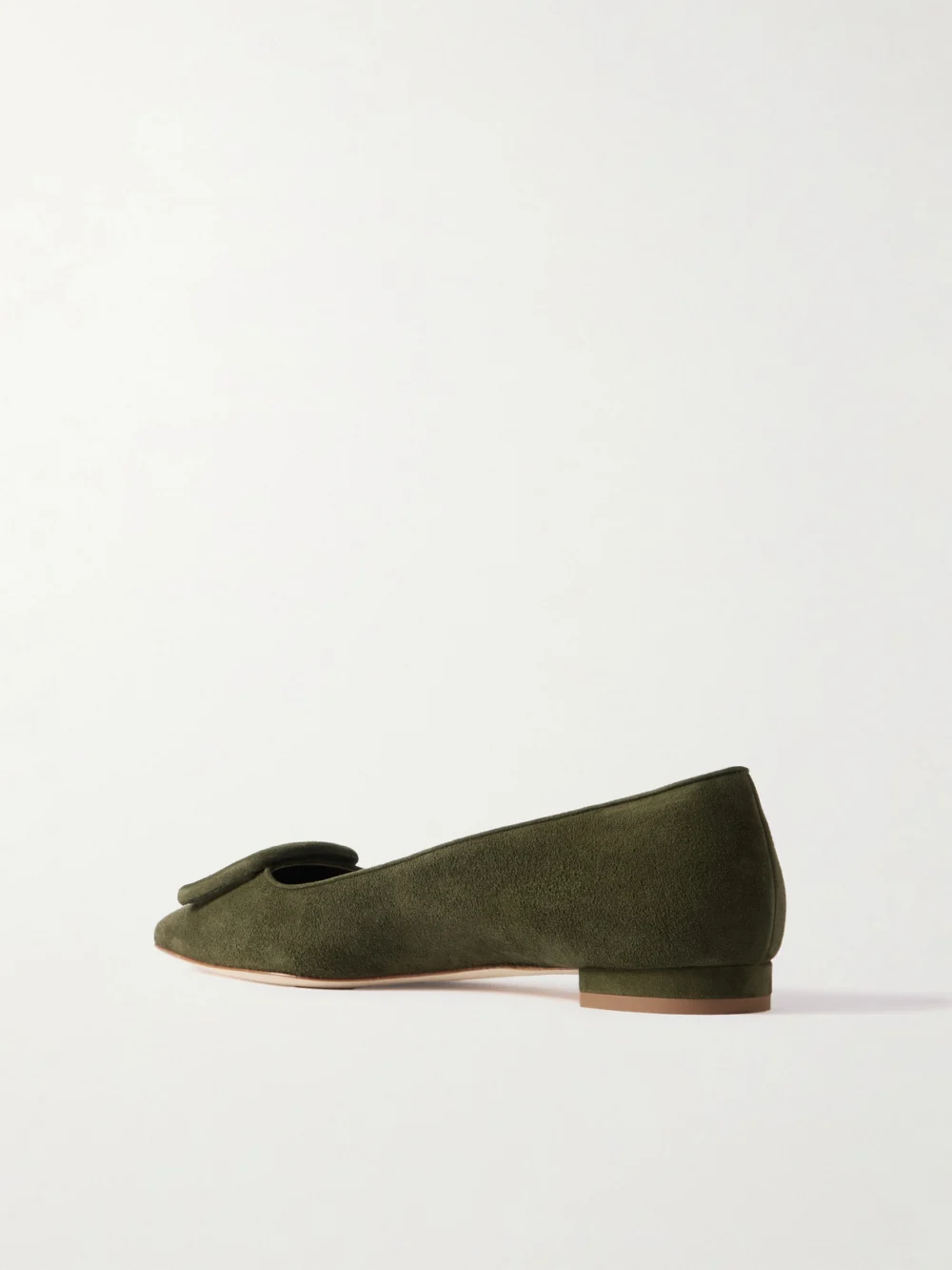 Back view of the Manolo Blahnik Maysale Buckled Suede Point-toe Flats