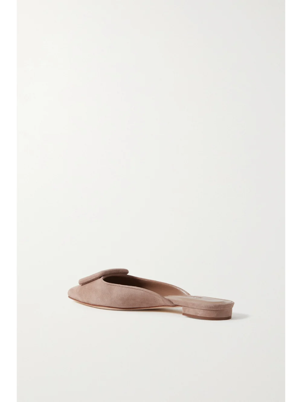 Back view of the Manolo Blahnik Maysale Buckled Suede Point-toe Flats