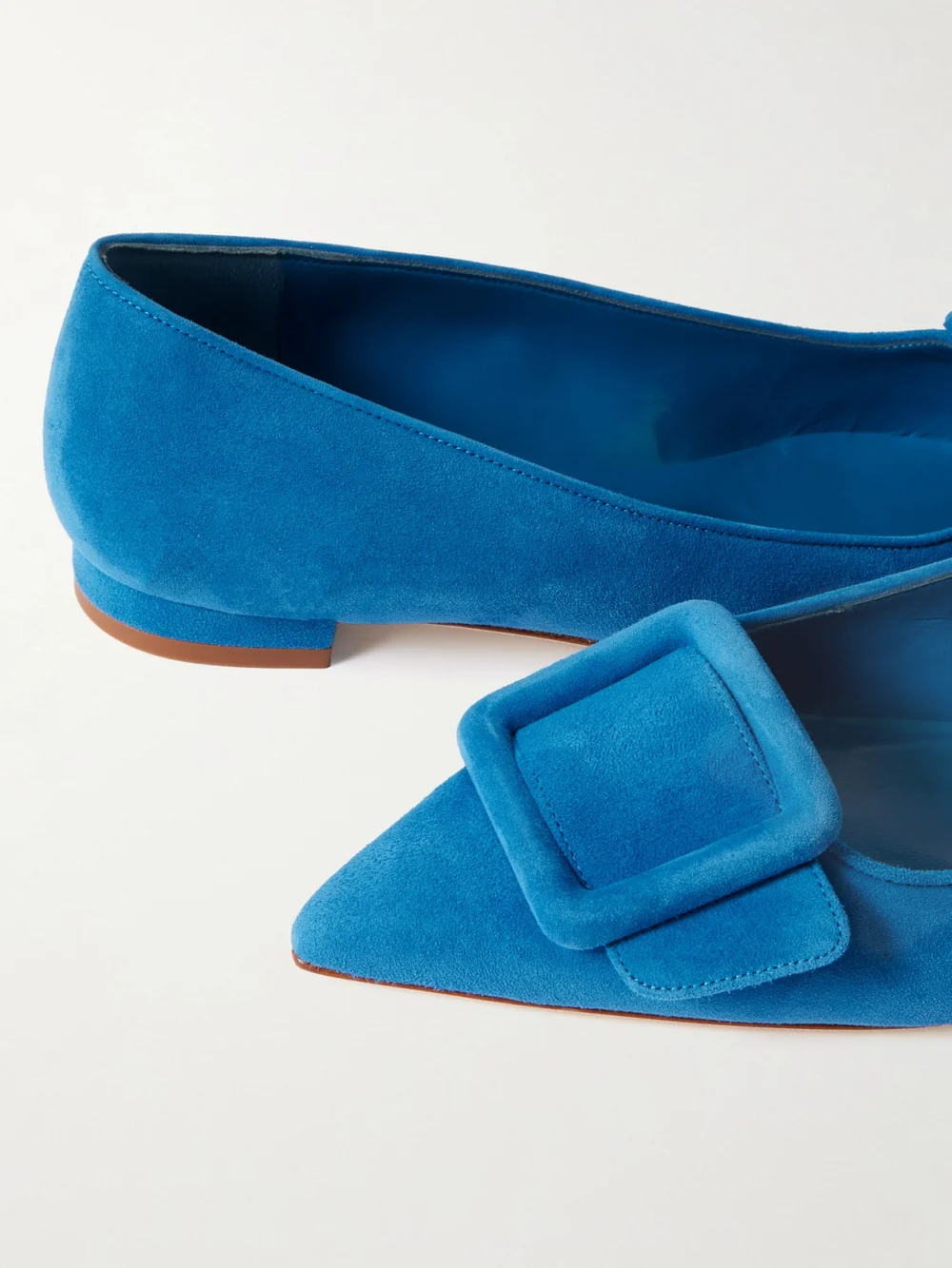 Close-up detail of the Manolo Blahnik Maysale Suede Point-toe Flats