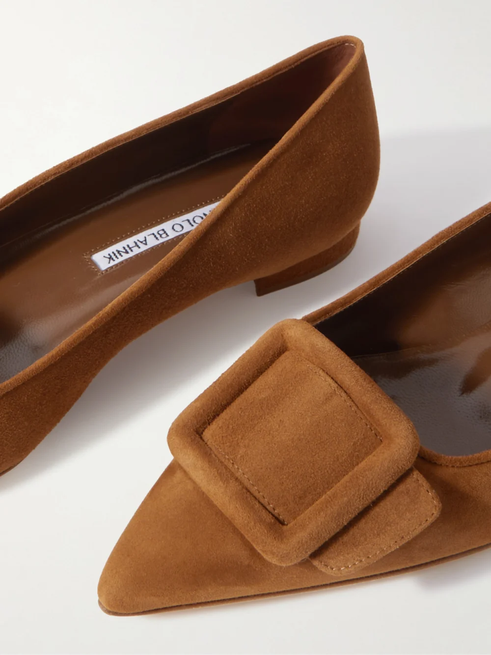 Close-up detail of the Manolo Blahnik Maysale Suede Point-toe Flats