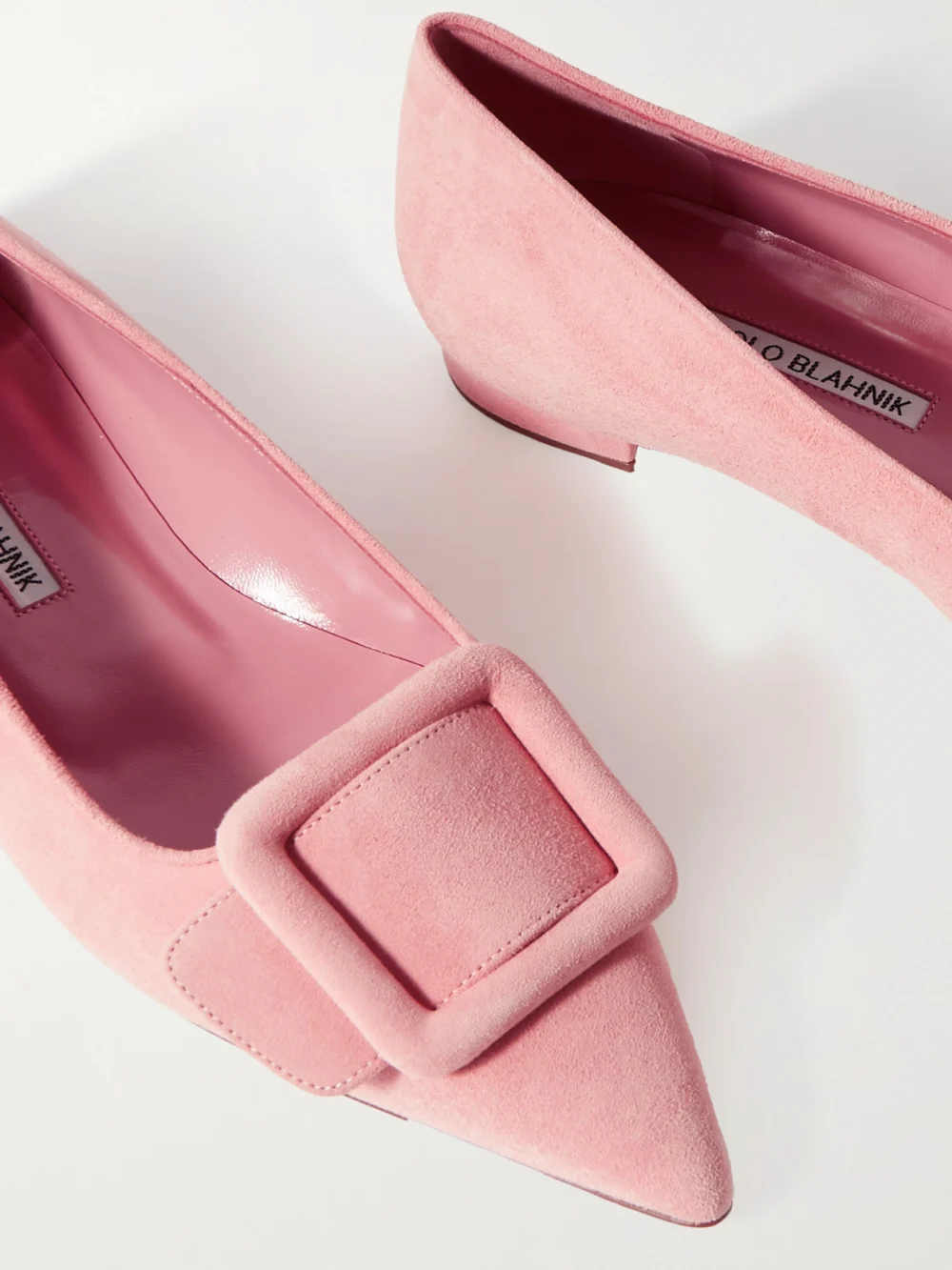 Close-up detail of the Manolo Blahnik Maysale Suede Point-toe Flats