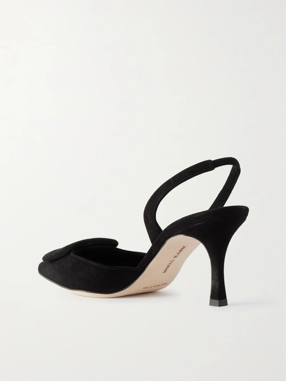 Back view of the Manolo Blahnik Maysli 70 Buckled Suede Slingback Pumps