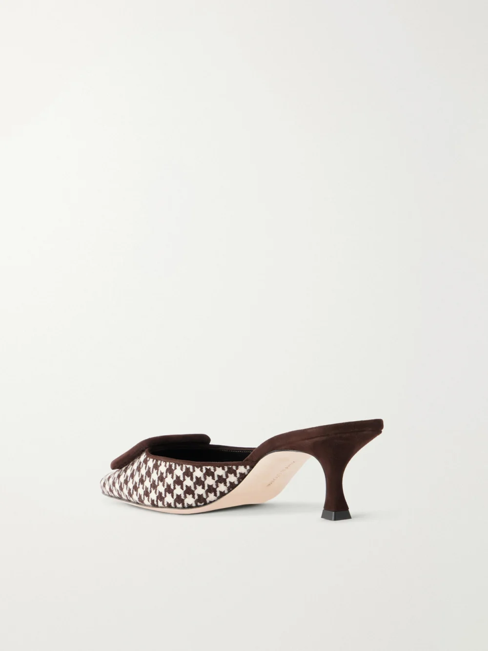 Back view of the Manolo Blahnik Mayslibi 50 Suede-trimmed Houndstooth Woven Mules