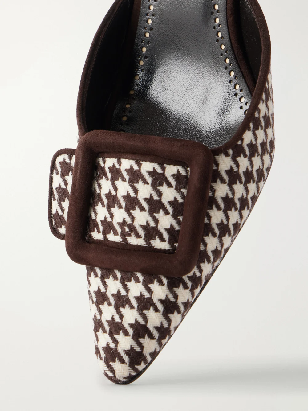 Close-up detail of the Manolo Blahnik Mayslibi 50 Suede-trimmed Houndstooth Woven Mules