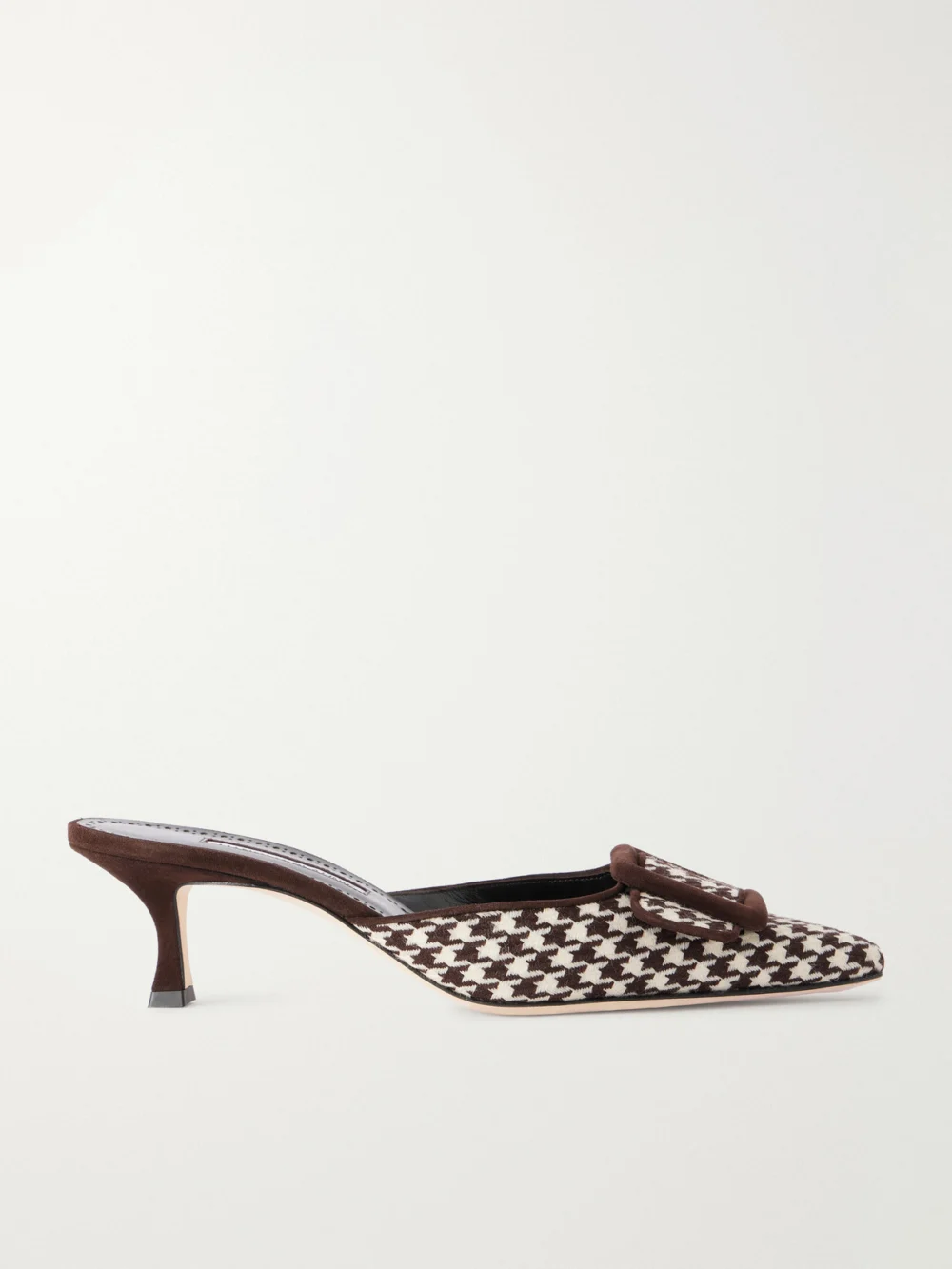 Manolo Blahnik Mayslibi 50 Suede-trimmed Houndstooth Woven Mules in brown