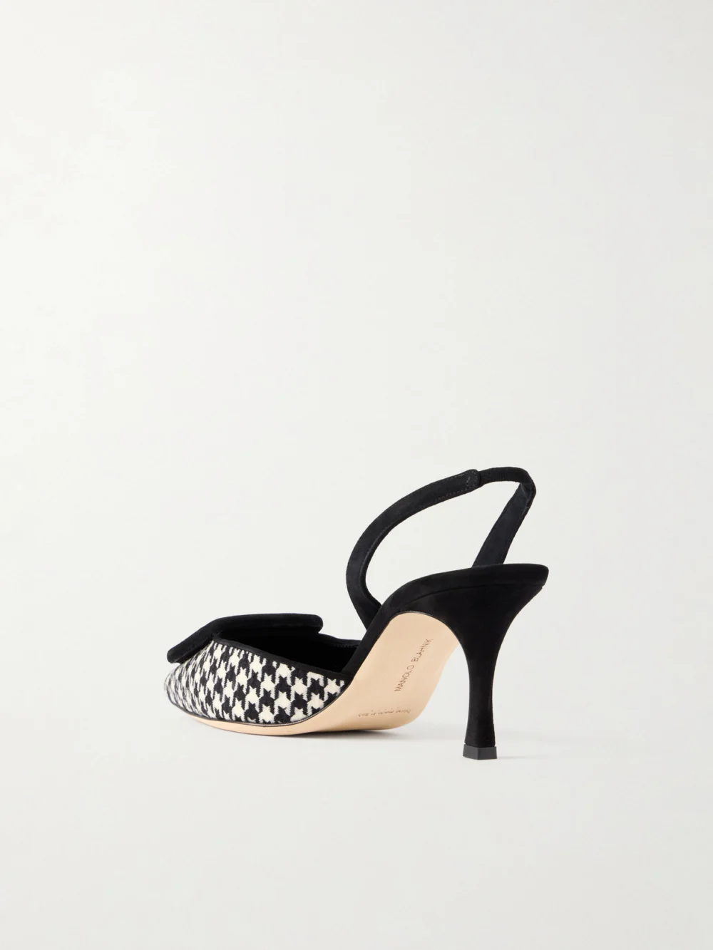 Back view of the Manolo Blahnik Mayslibi 70 Suede-trimmed Houndstooth Slingback Pumps
