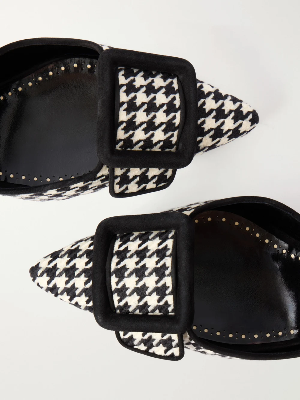 Close-up detail of the Manolo Blahnik Mayslibi 70 Suede-trimmed Houndstooth Slingback Pumps