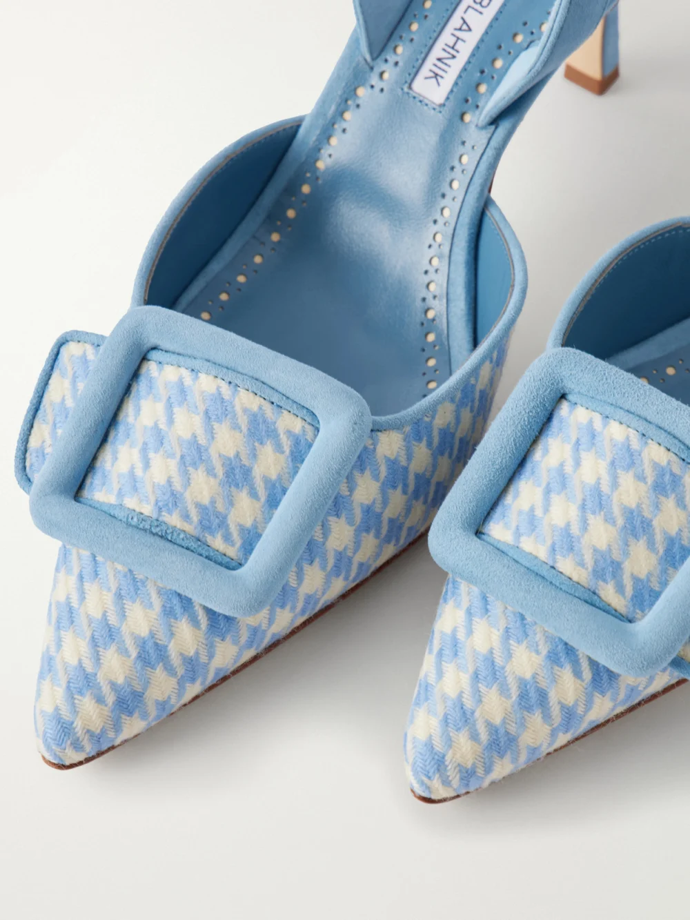 Close-up detail of the Manolo Blahnik Mayslibi 70 Suede-trimmed Houndstooth Slingback Pumps