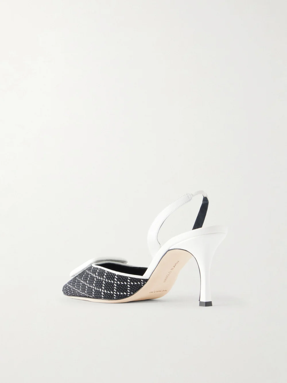 Back view of the Manolo Blahnik Mayslibi 70 Woven Leather Slingback Pumps