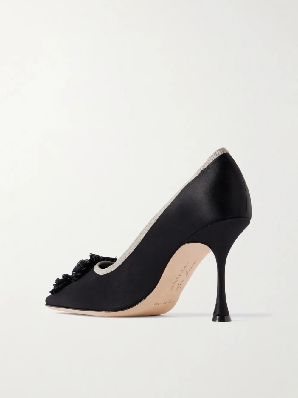 Back view of the Manolo Blahnik Montmedy 95 Grosgrain-trimmed Appliquéd Satin Pumps