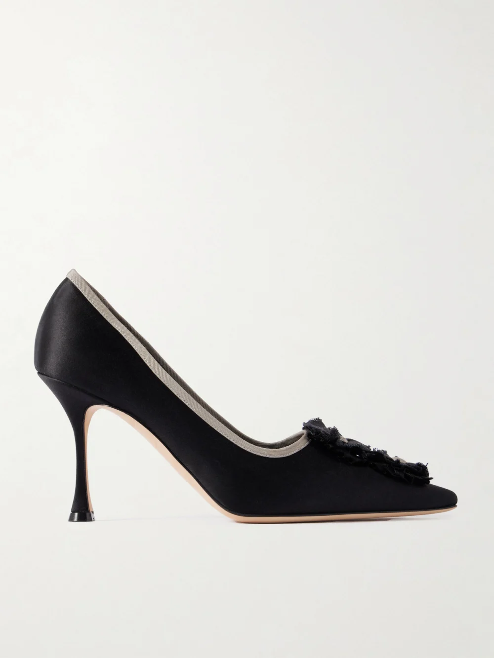 Manolo Blahnik Montmedy 95 Grosgrain-trimmed Appliquéd Satin Pumps in black
