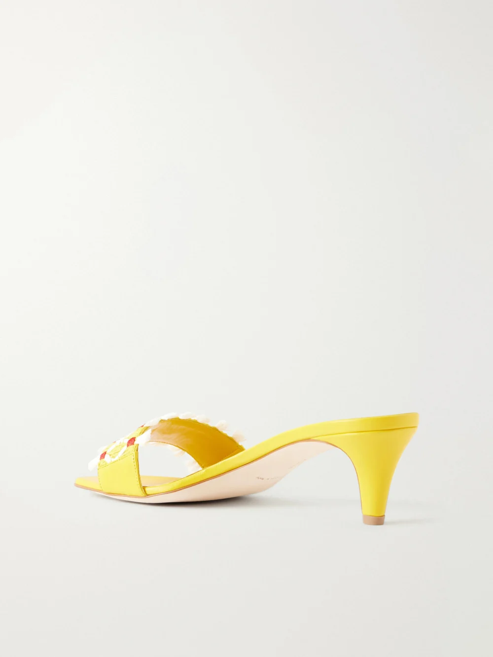 Back view of the Manolo Blahnik Moremu 50 Raffia-trimmed Leather Mules