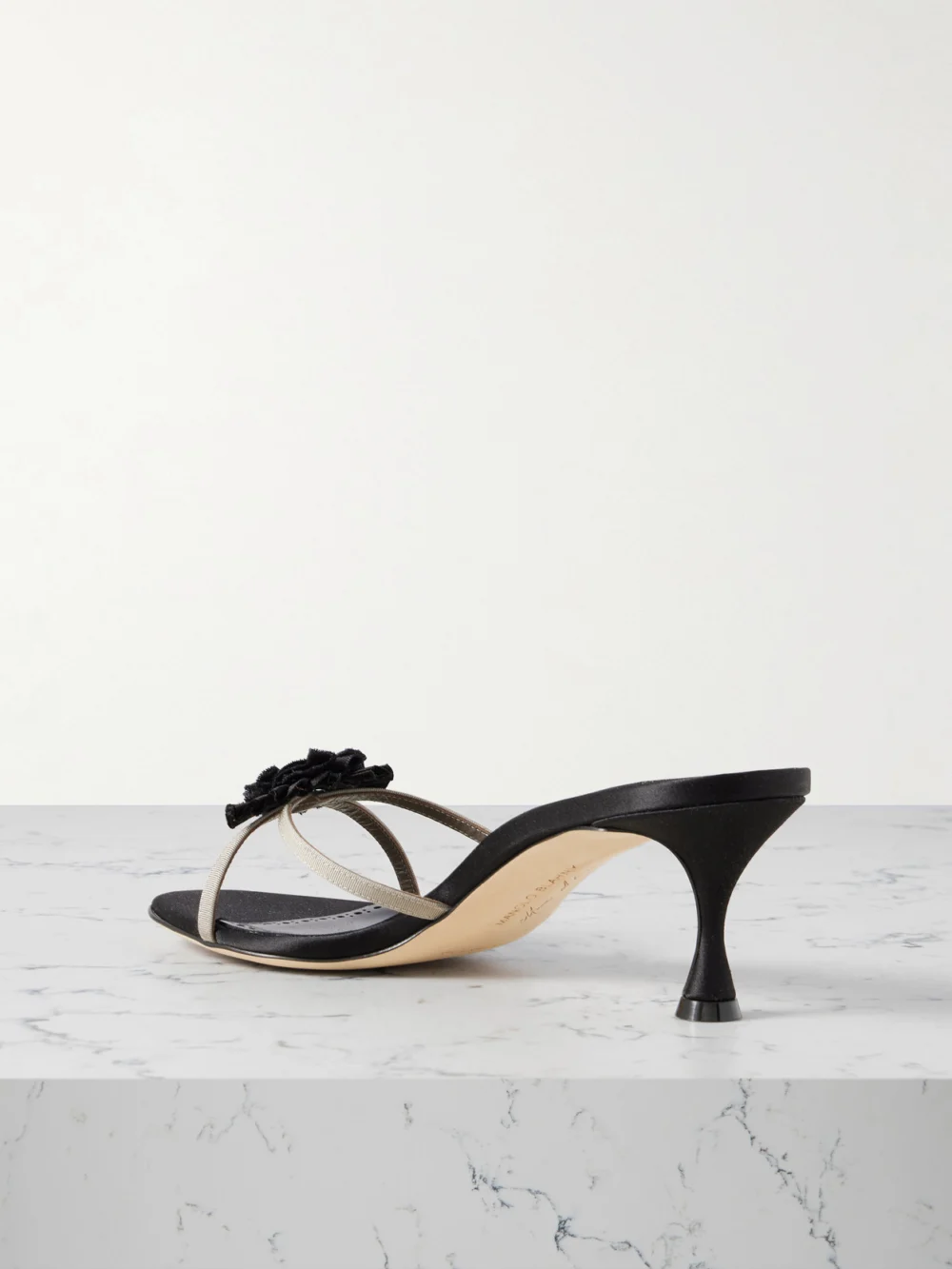 Back view of the Manolo Blahnik Paliss 50 Appliquéd Grosgrain Mules