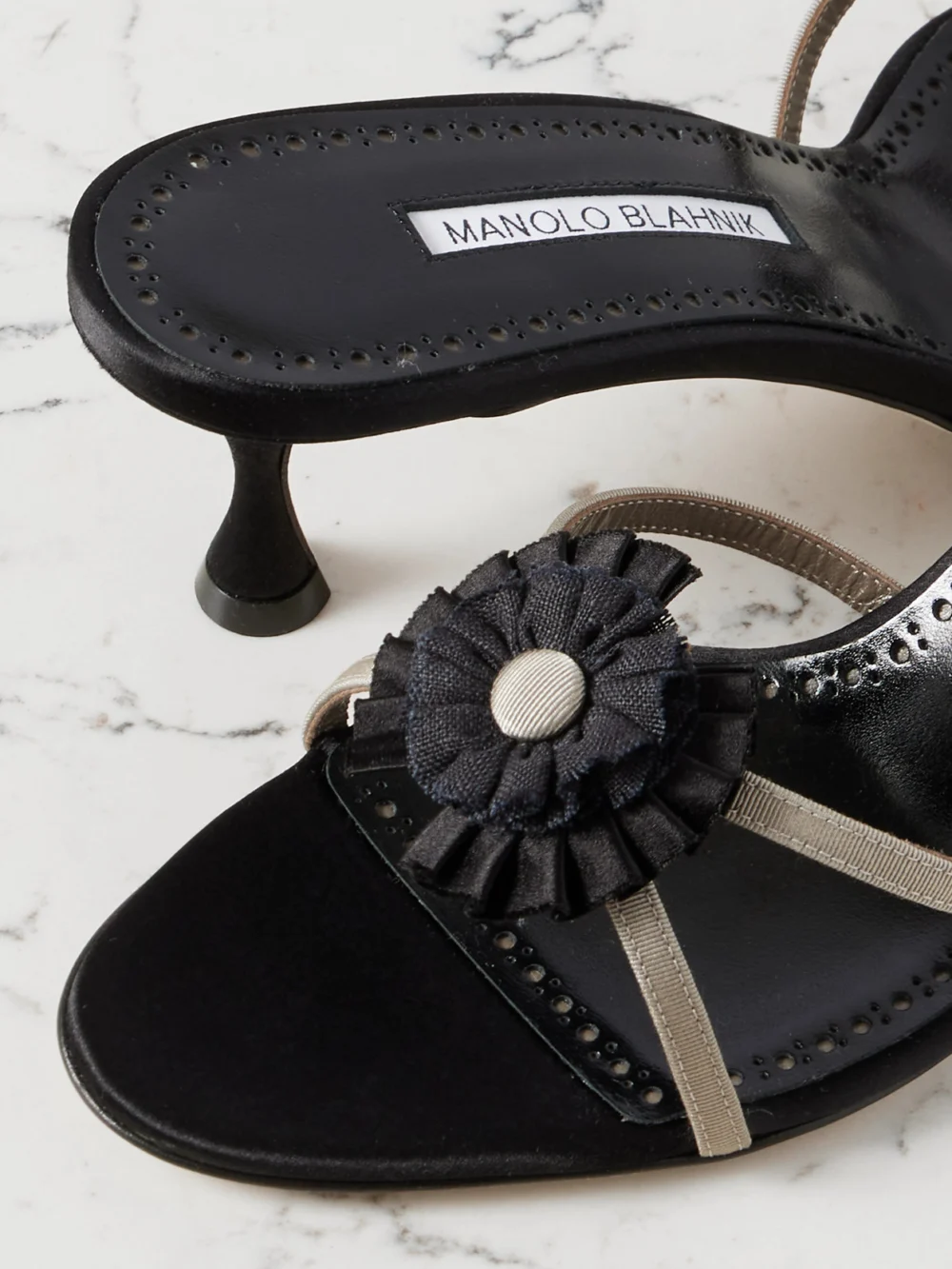 Close-up detail of the Manolo Blahnik Paliss 50 Appliquéd Grosgrain Mules