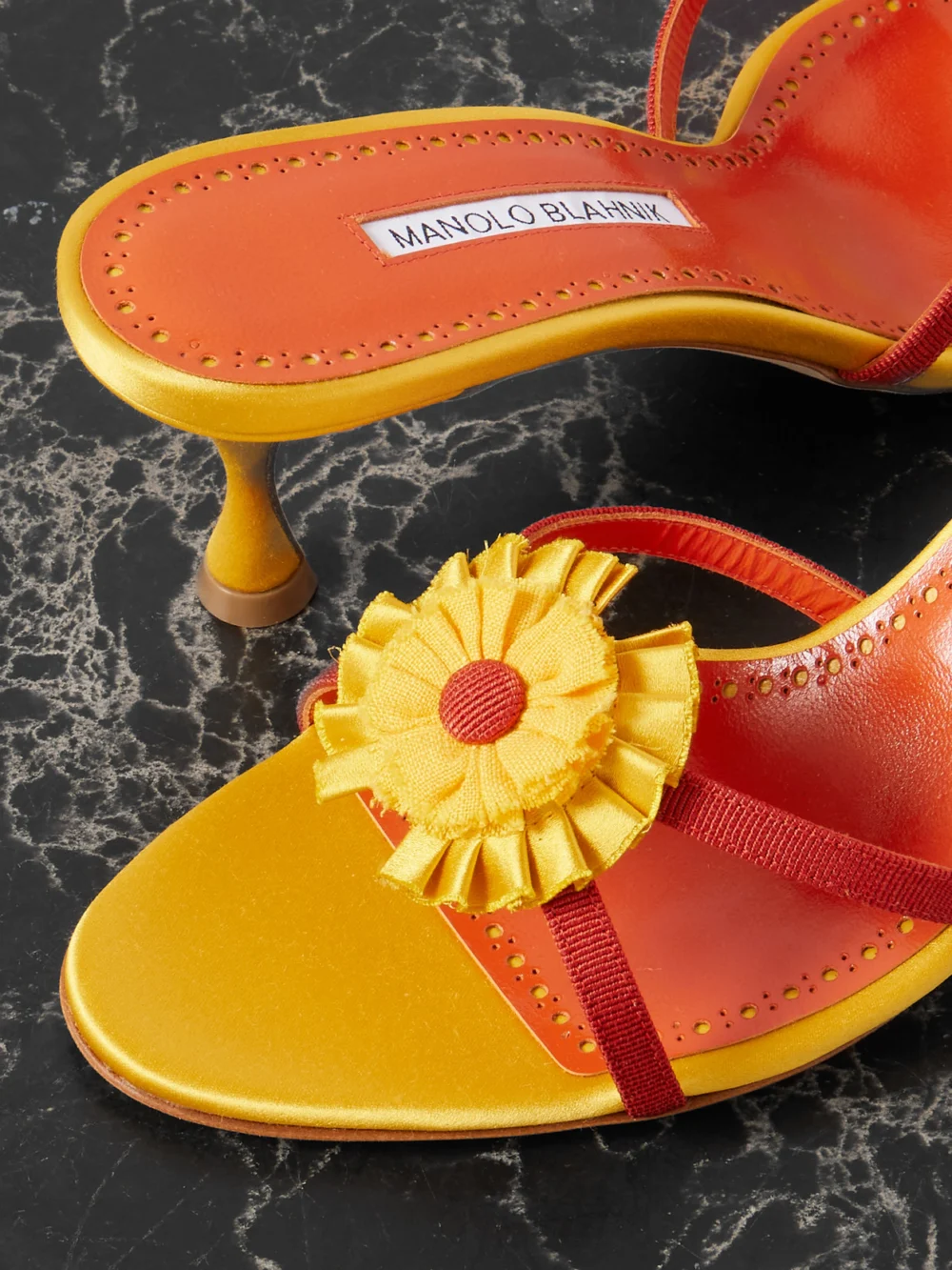 Close-up detail of the Manolo Blahnik Paliss 50 Appliquéd Grosgrain Mules