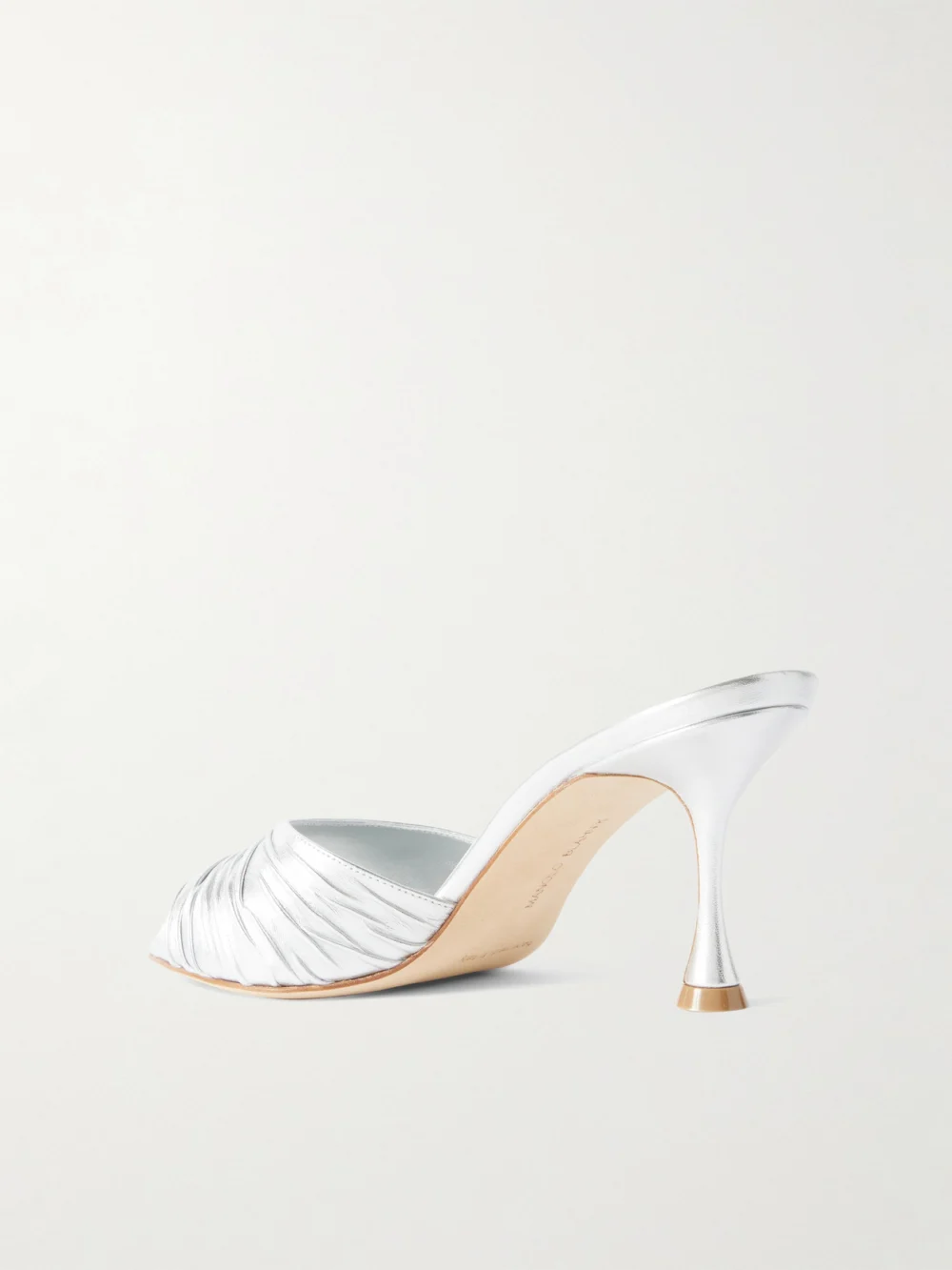 Back view of the Manolo Blahnik Pirua 70 Crinkled Metallic Leather Mules
