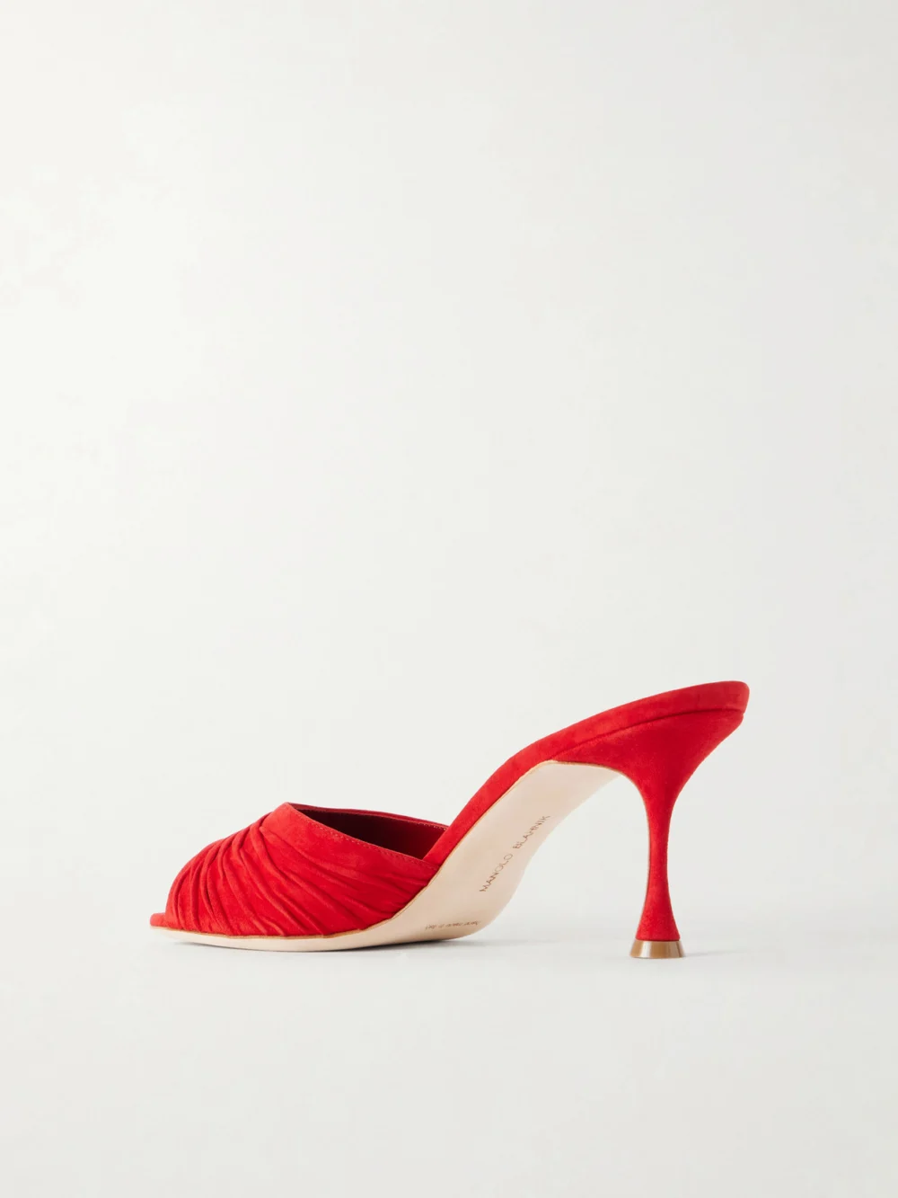 Back view of the Manolo Blahnik Pirua 70 Ruched Suede Mules