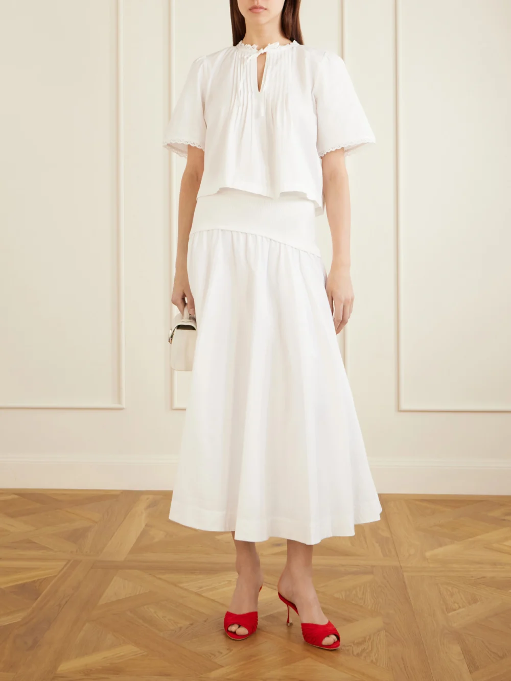Manolo Blahnik Pirua 70 Ruched Suede Mules, styled view