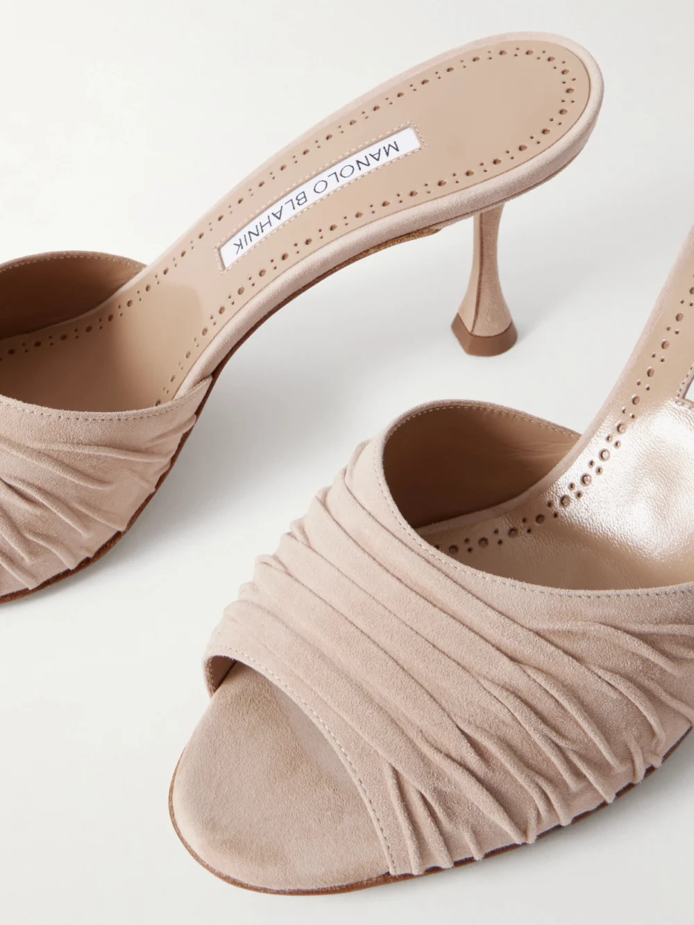 Close-up detail of the Manolo Blahnik Pirua 70 Suede Mules