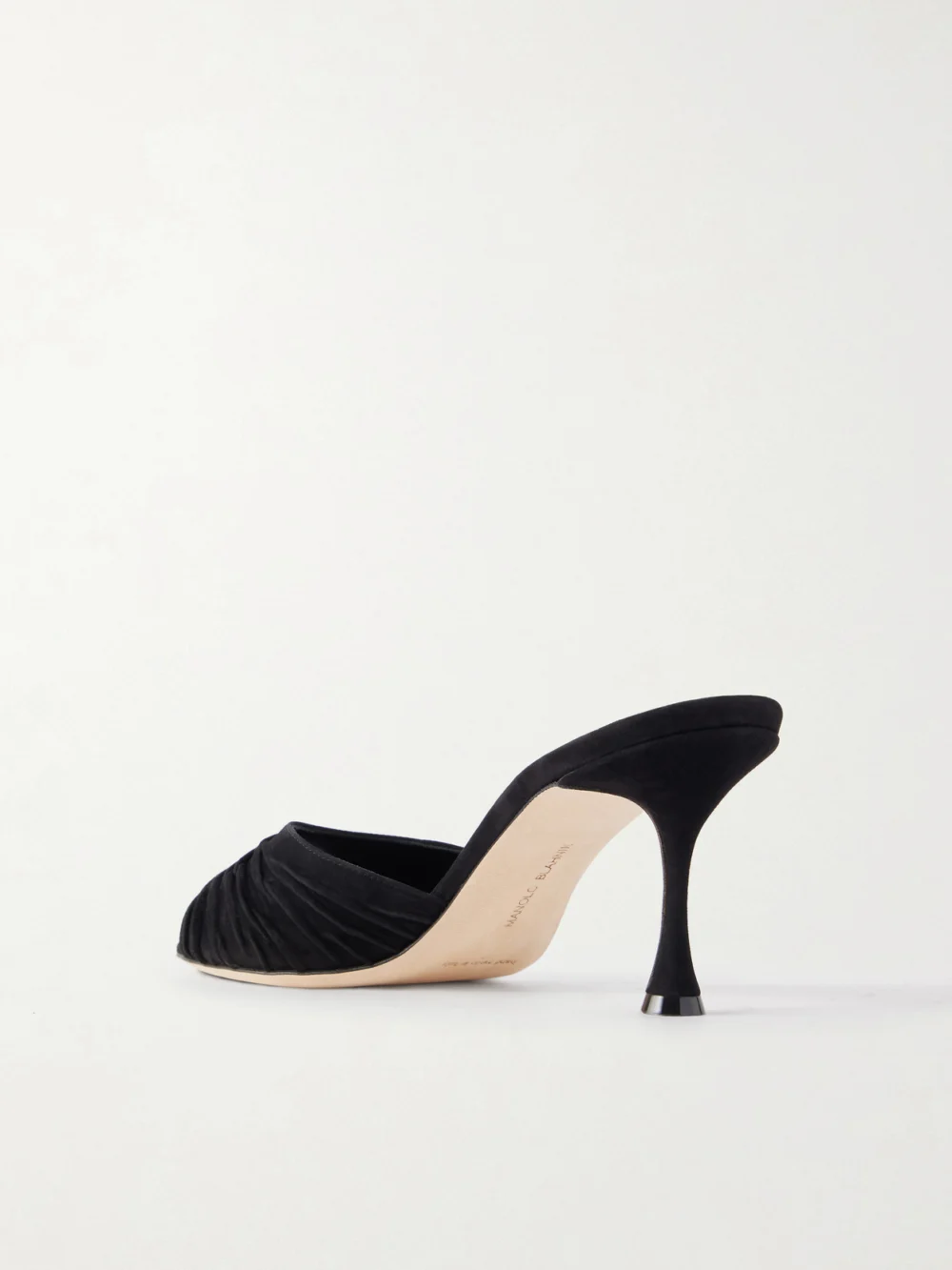 Back view of the Manolo Blahnik Pirua 70 Suede Mules