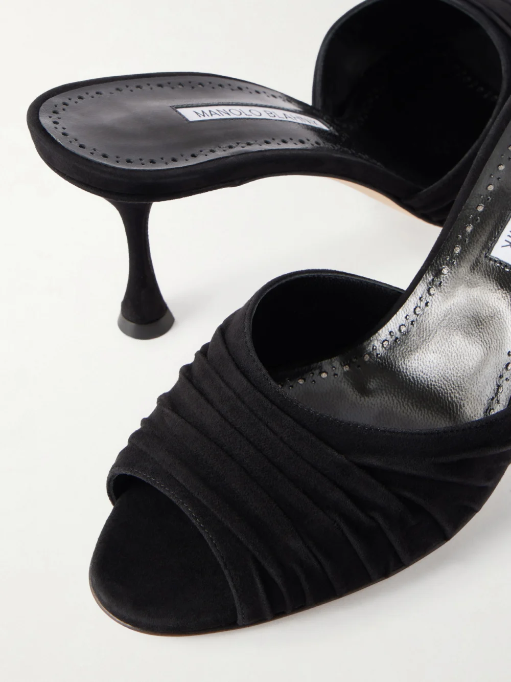 Close-up detail of the Manolo Blahnik Pirua 70 Suede Mules
