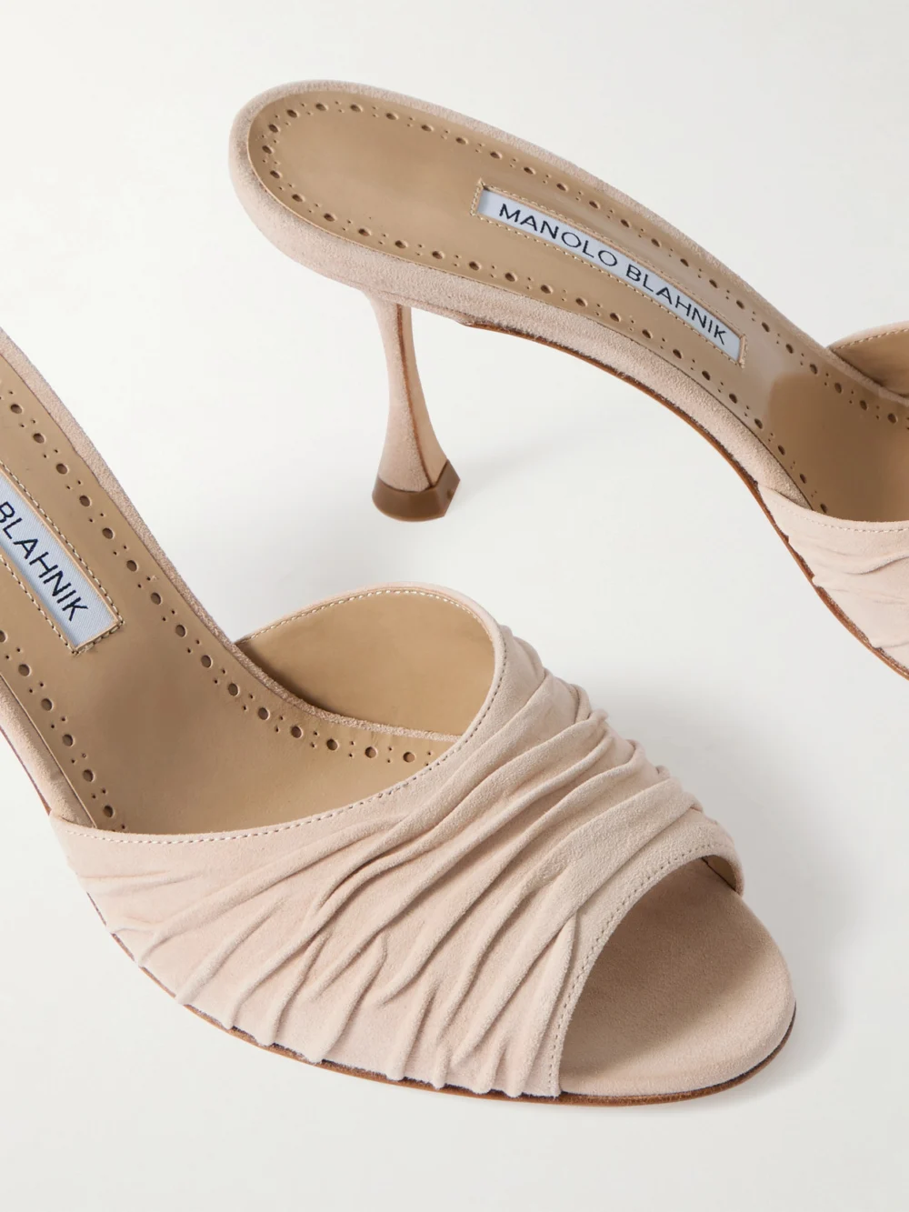 Close-up detail of the Manolo Blahnik Pirua 70 Suede Mules