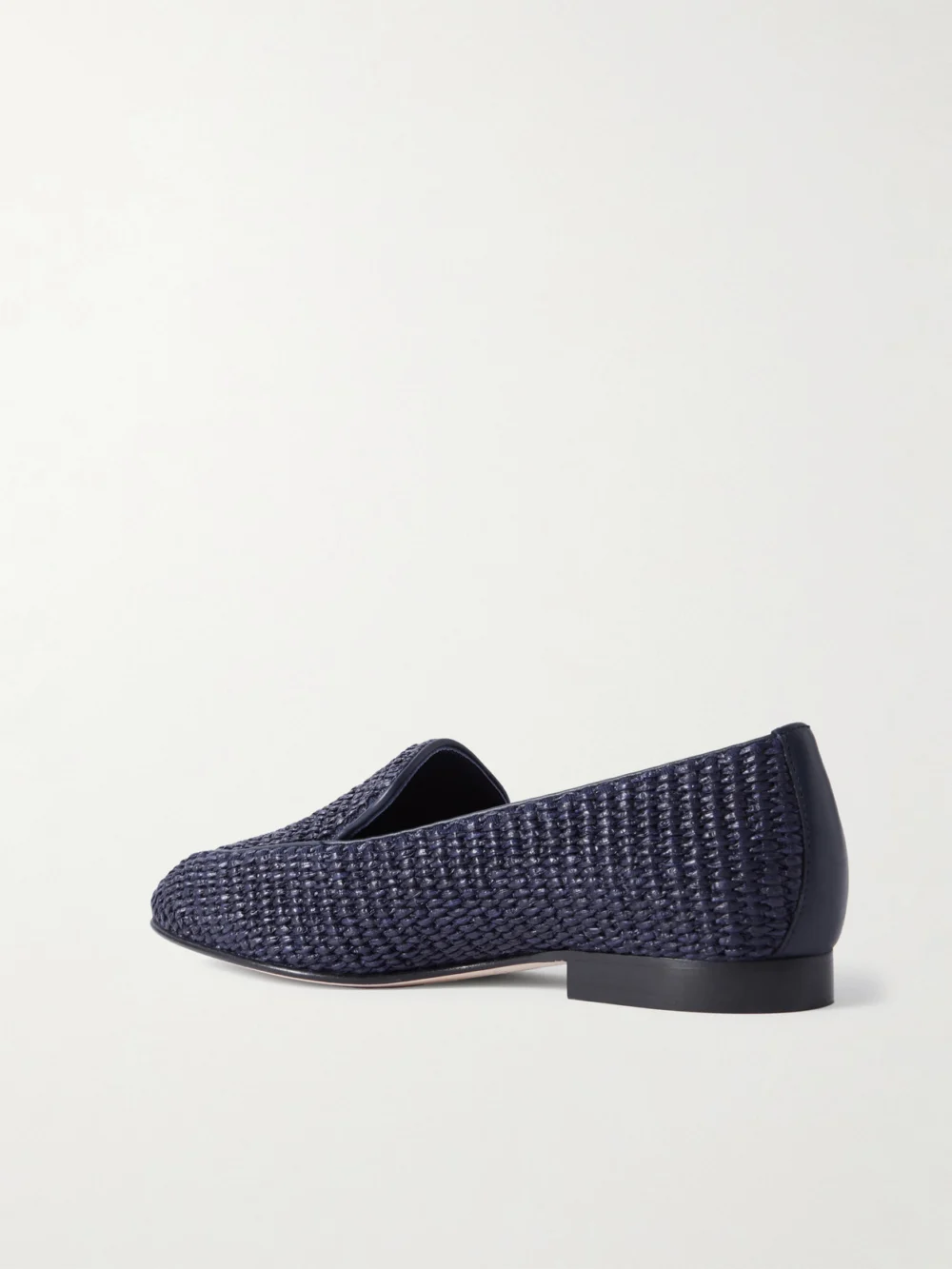 Back view of the Manolo Blahnik Pitakara Leather-trimmed Raffia Loafers