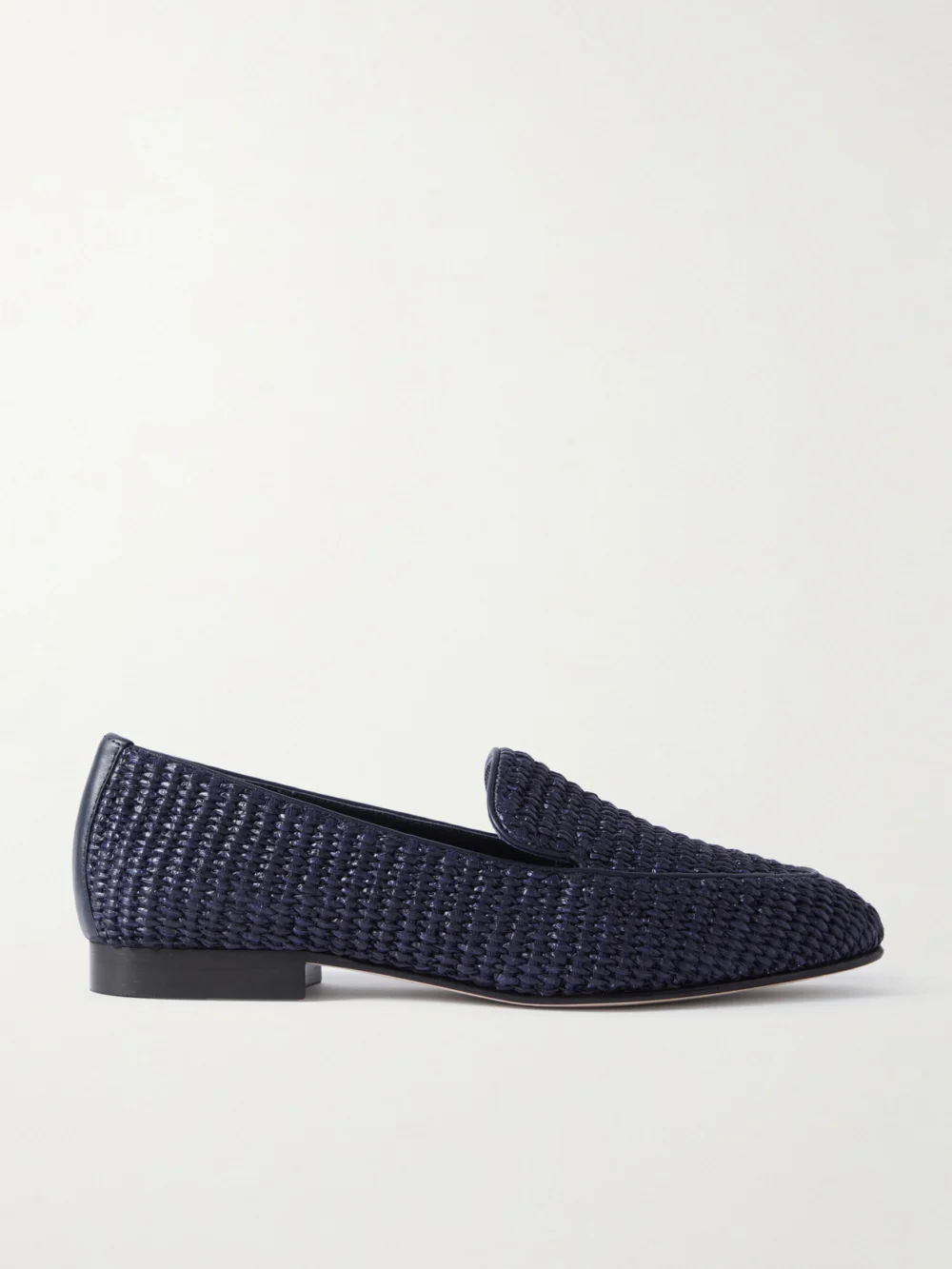 Manolo Blahnik Pitakara Leather-trimmed Raffia Loafers in navy