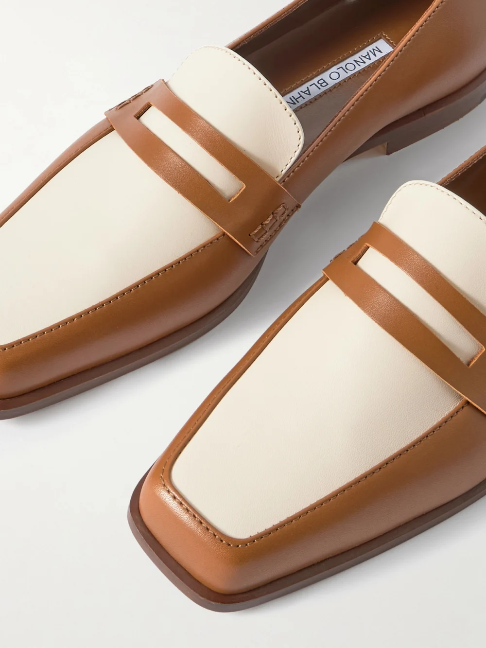 Close-up detail of the Manolo Blahnik Polonoff Two-tone Leather Loafers