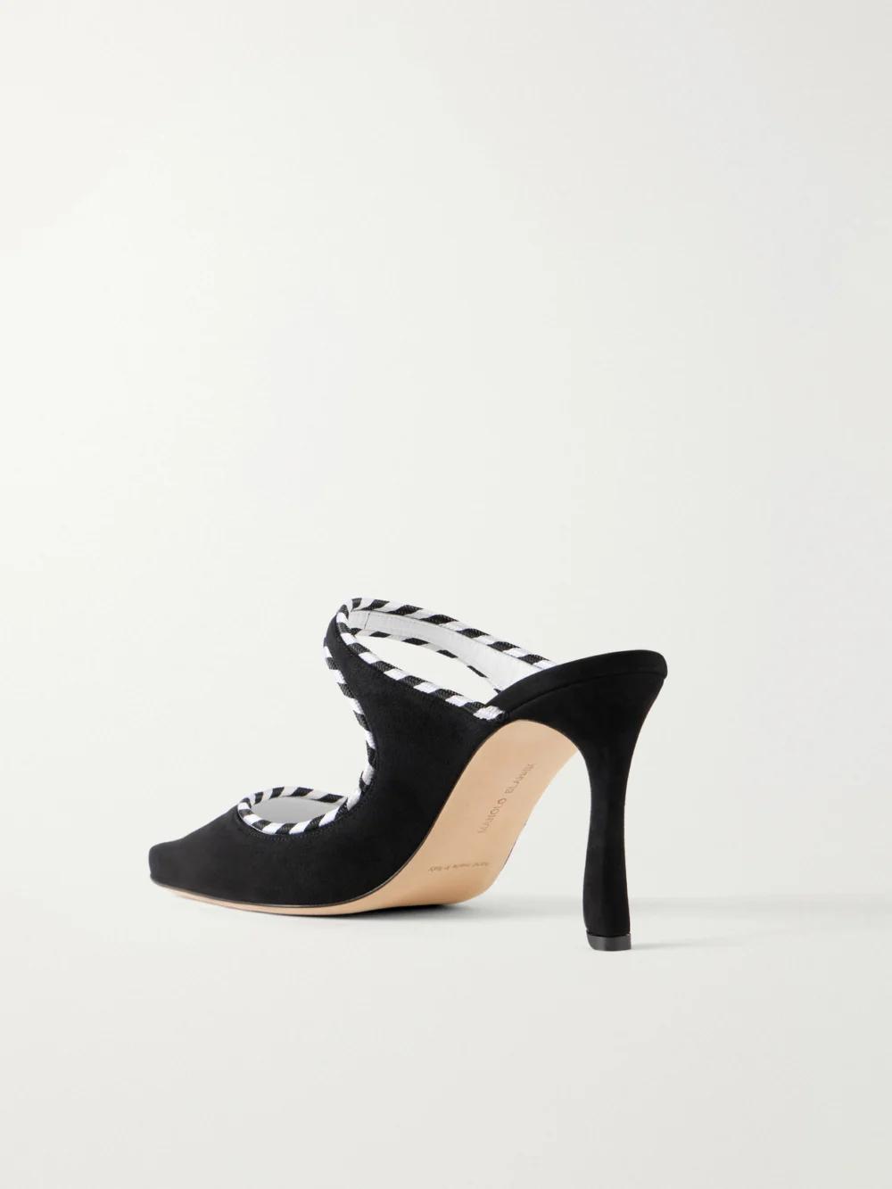 Back view of the Manolo Blahnik Pura 90 Suede Mules