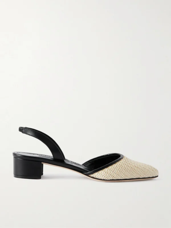 Manolo Blahnik Raffro 30 Leather-trimmed Raffia Slingback Pumps