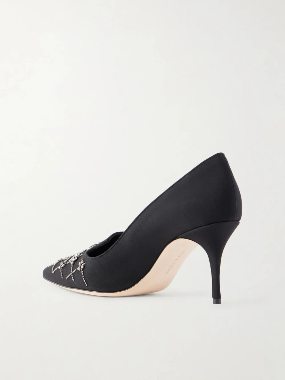 Back view of the Manolo Blahnik Ralypla 70 Embellished Crepe De Chine Pumps