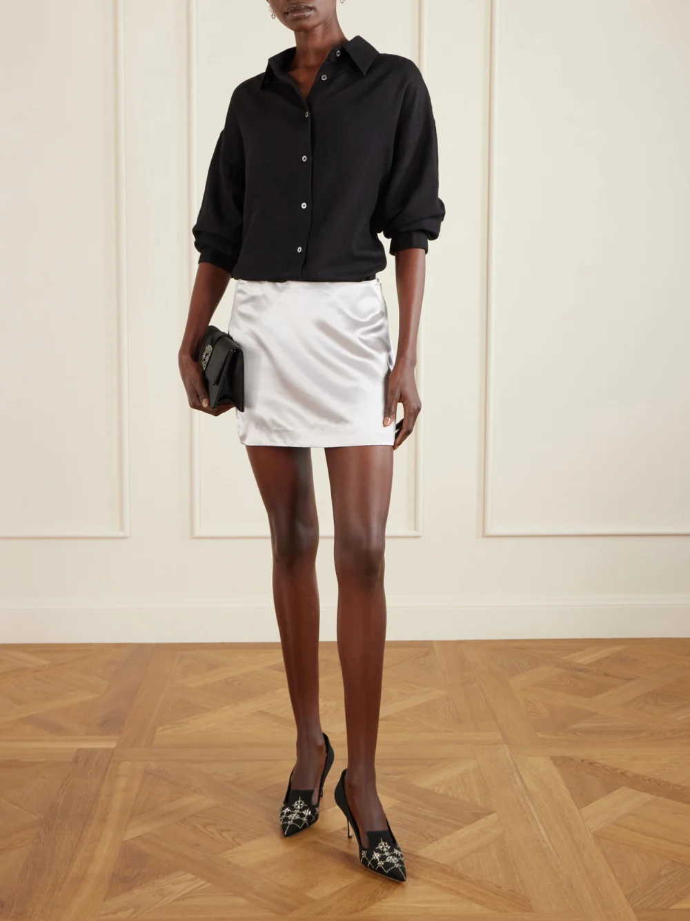 Manolo Blahnik Ralypla 70 Embellished Crepe De Chine Pumps, styled view