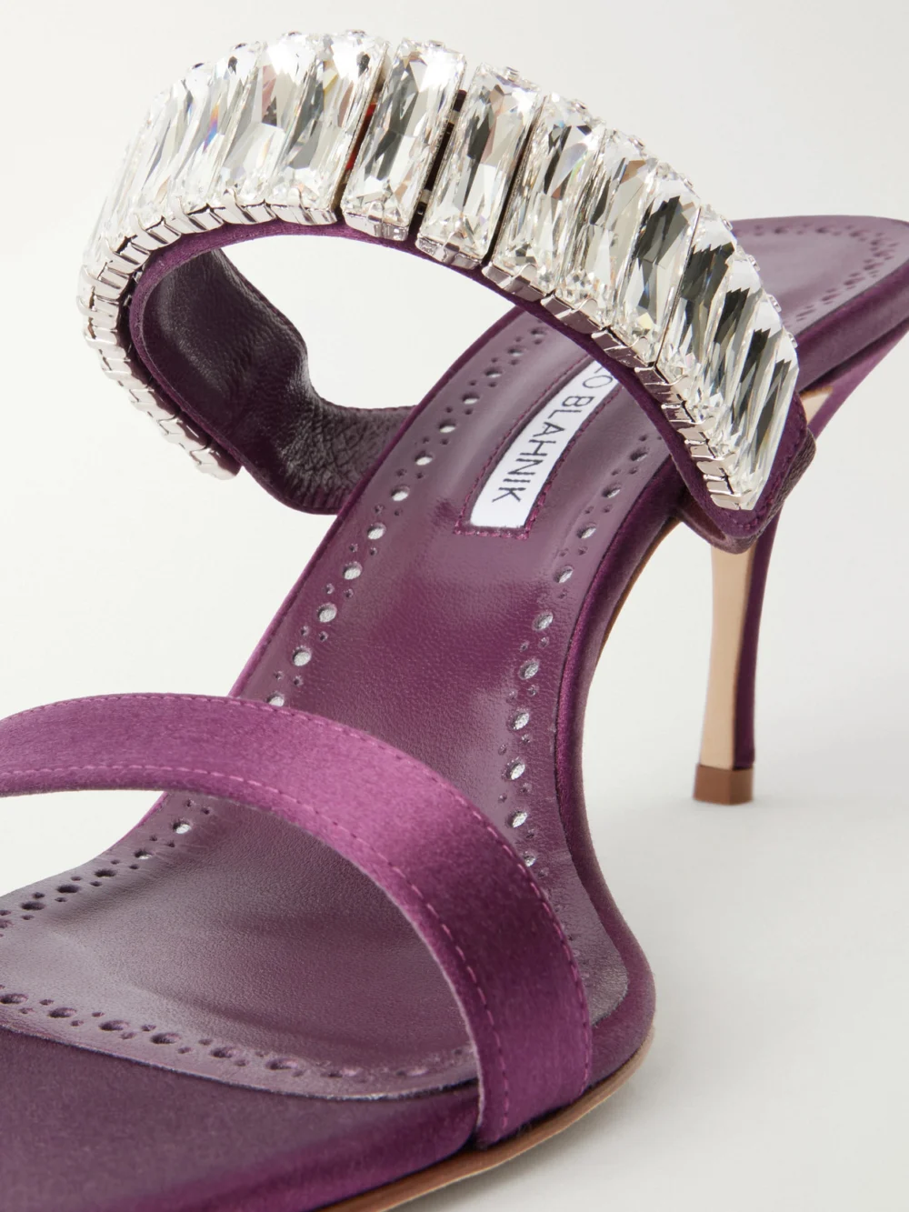 Close-up detail of the Manolo Blahnik Sakobay 70 Crystal-embellished Satin Sandals