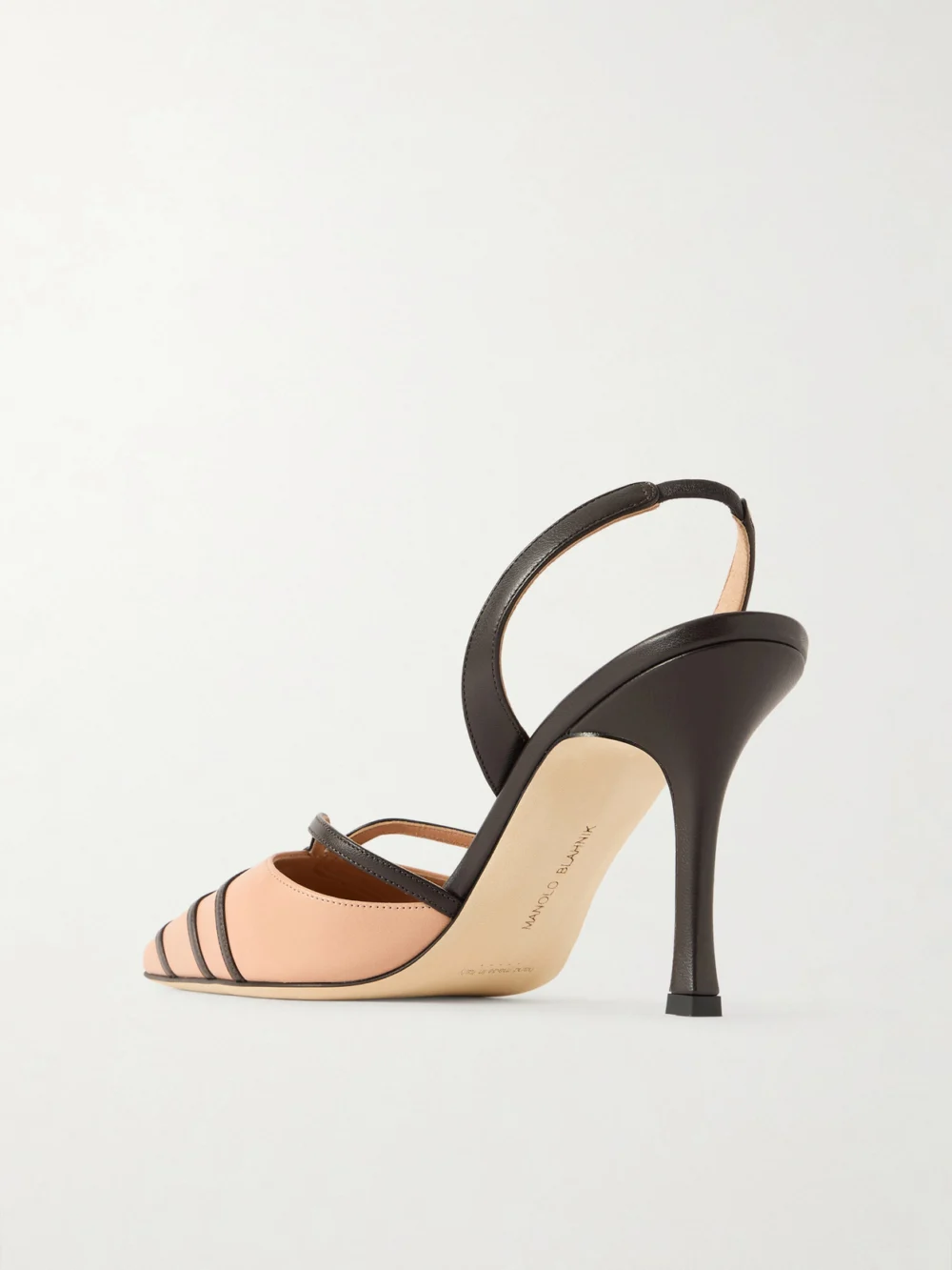 Back view of the Manolo Blahnik Sarto 90 Two-tone Leather Slingback Pumps