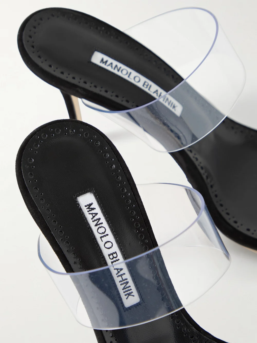 Close-up detail of the Manolo Blahnik Scolto 90 Pvc Mules
