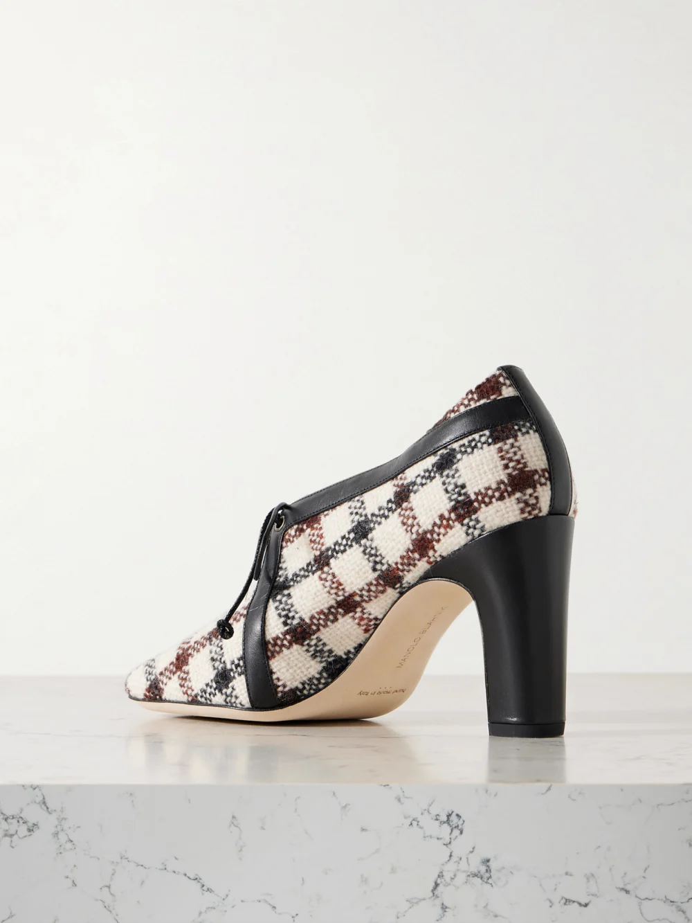 Back view of the Manolo Blahnik Stagira 90 Leather-trimmed Checked Tweed Pumps
