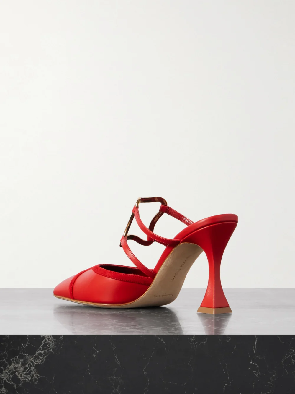 Back view of the Manolo Blahnik Tituta 90 Embellished Suede-trimmed Leather Mules